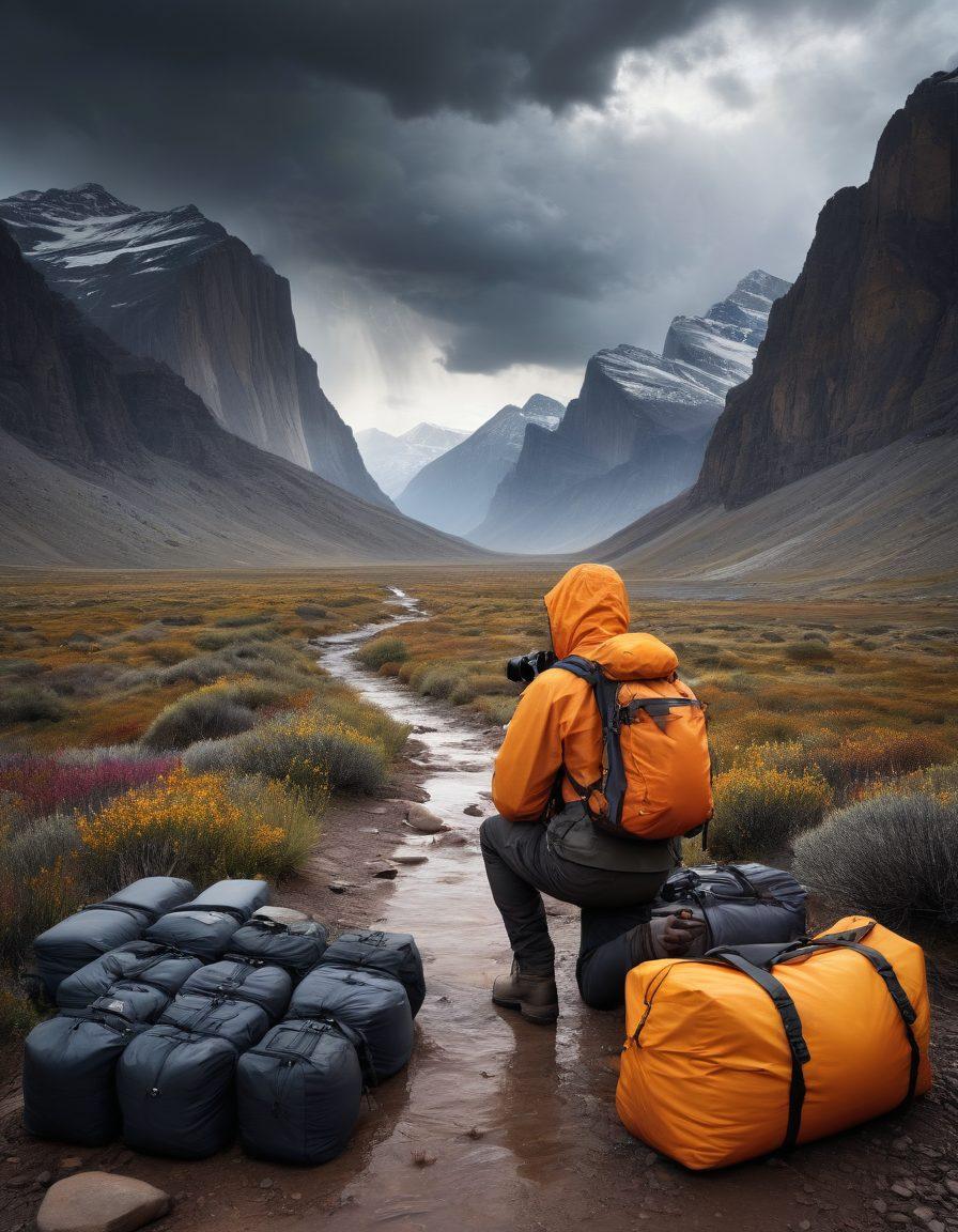 A photographer on a rugged outdoor trail, surrounded by scenic mountains, inspecting high-quality camera gear with a look of caution. The foreground features various protective equipment like padded bags and weatherproof covers, while the backdrop showcases a dramatic sky to symbolize unpredictability. Elements of danger are subtly integrated, like dark clouds or distant lightning, to evoke a sense of risk and protective action. super-realistic. vibrant colors. white background.