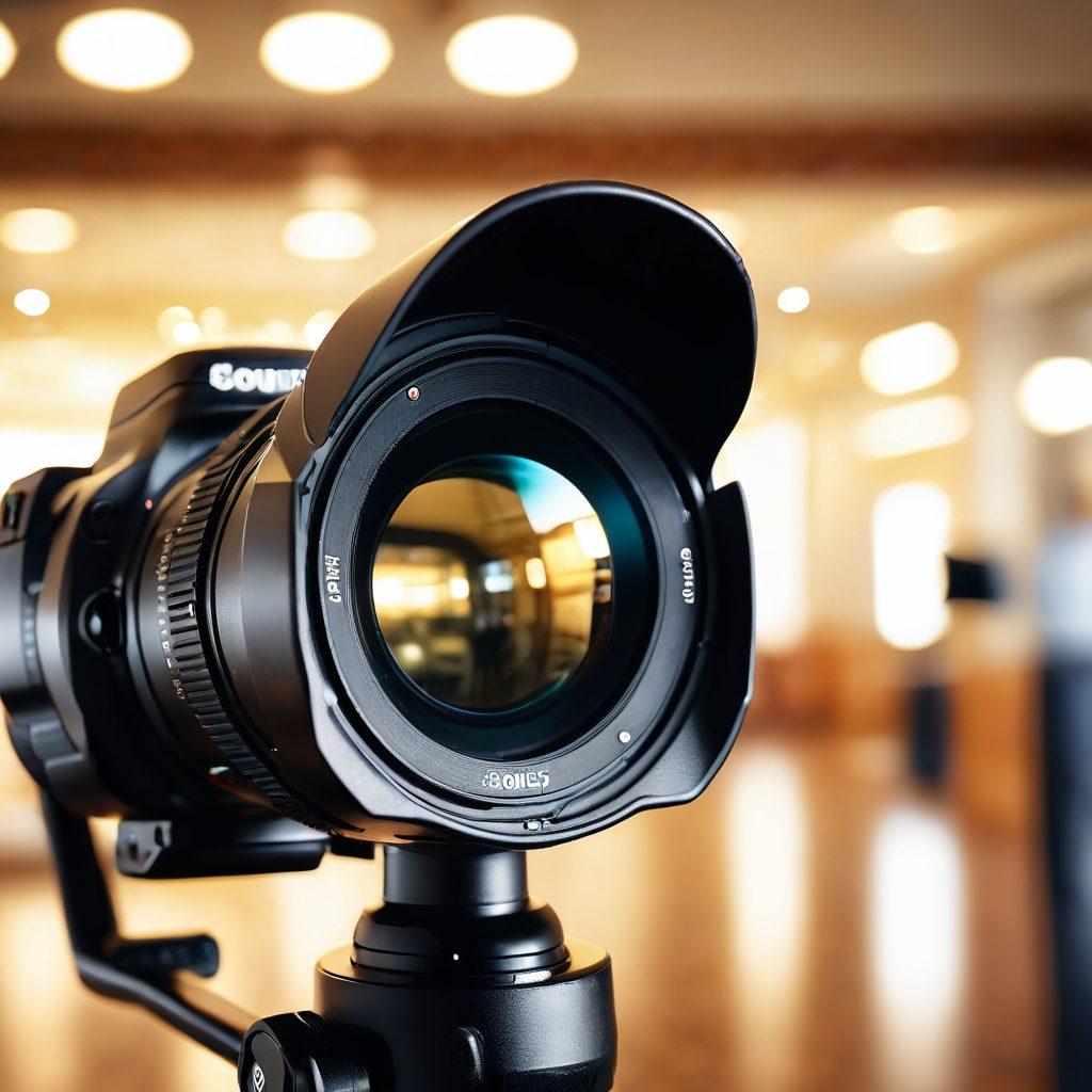 A close-up shot of a professional camera with a shiny lens, surrounded by a shield symbolizing protection and insurance. In the background, blurred images of various photography equipment, such as lenses and tripods, suggest a thriving photography business. Soft light highlights the camera, enhancing its features. The color palette is warm and inviting to evoke a sense of security. Photography style, super-realistic, vibrant colors.