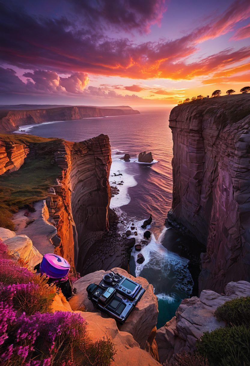 A photographer standing on a cliff's edge, camera in hand, gazing at a breathtaking sunset while a strong protective shield glows around their camera gear, symbolizing insurance. The background features dramatic landscapes and vibrant skies, highlighting the importance of safeguarding creativity. Include elements like floating icons of insurance policies and camera gear within the shield. surrealism. vibrant colors. dramatic lighting.